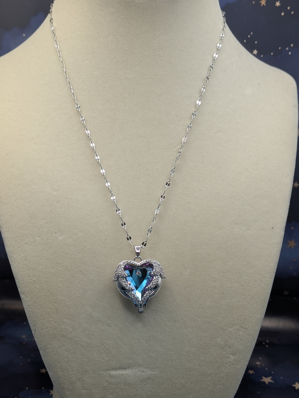Stainless Steel Heart Pendant Necklace with Blue Crystal